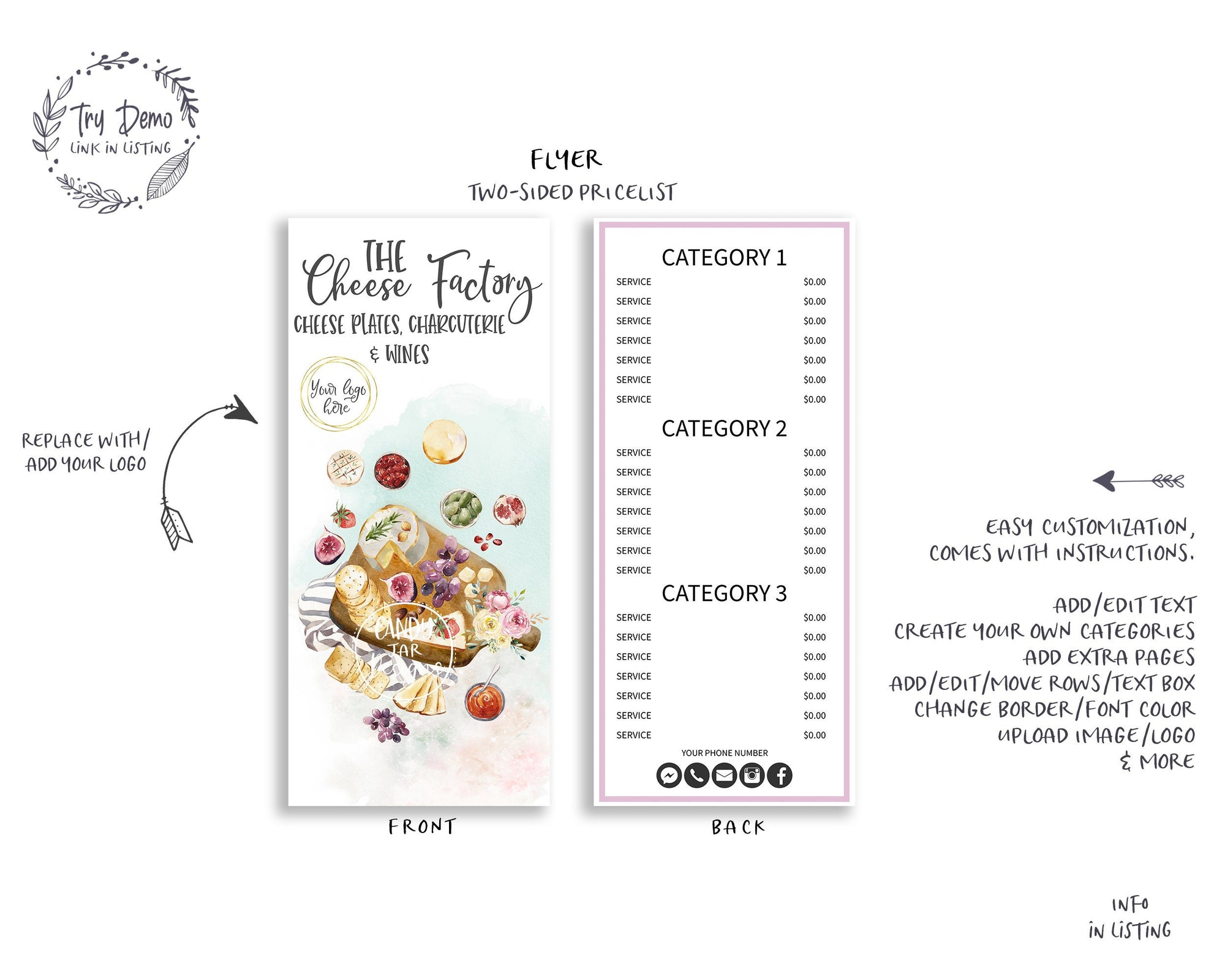 Cheese Board Flyer Price List, Foldable Restaurant Charcuterie Menu - Candy Jar Studios