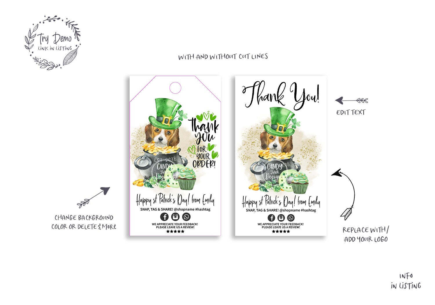 Dog St Patrick's Day Hang Tag, Pet Cookie Baking Insert, Printable Cookie Packaging, Editable, Printable, CJ151-01v1-TGA - Candy Jar Studios