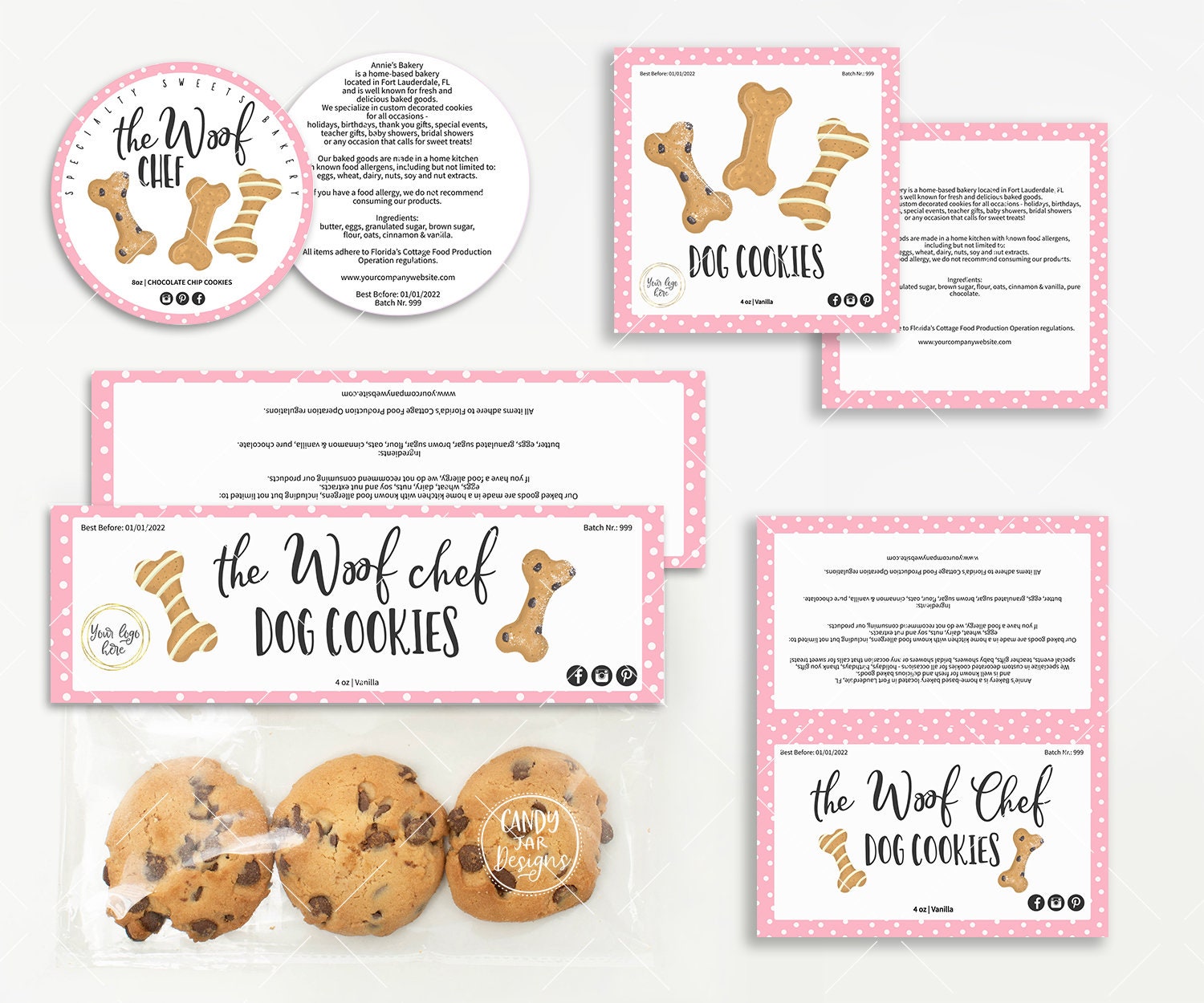 Dog Cookie Label Set, Bag Topper, Pastry Template, Canned Jar Label, Food Topper, Ingredients Product Label, Printable, CJ004-01v1-LBLS - Candy Jar Studios