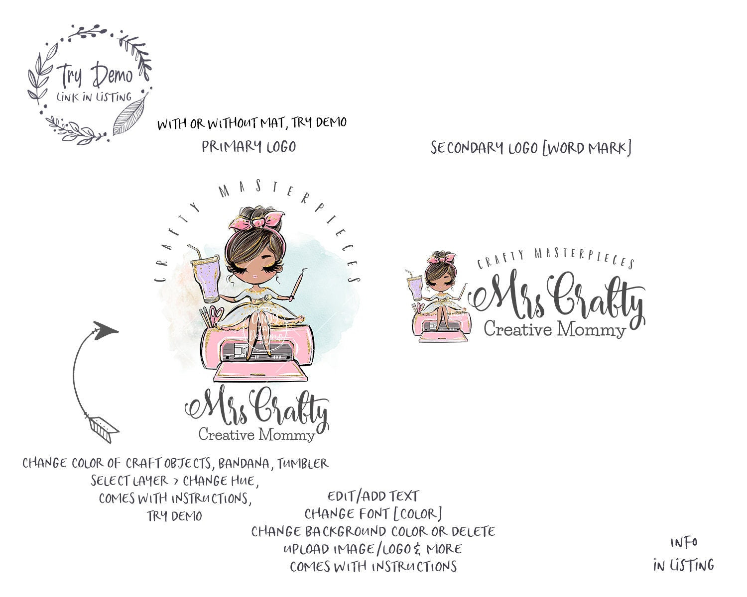 Handcrafter Tumbler Girl Logo, Crafty Girl, Brown Hair, Medium Skin - Candy Jar Studios