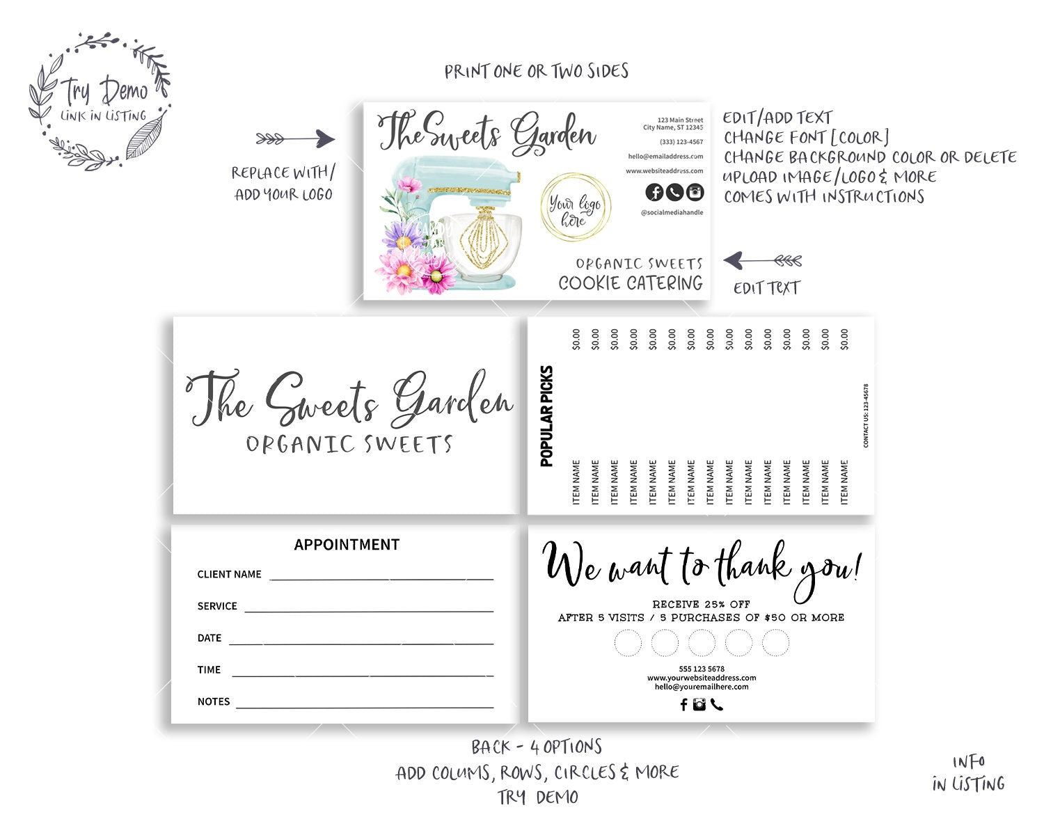 Bakery Business Card Set, Kitchen Mixer, Daisies - Candy Jar Studios