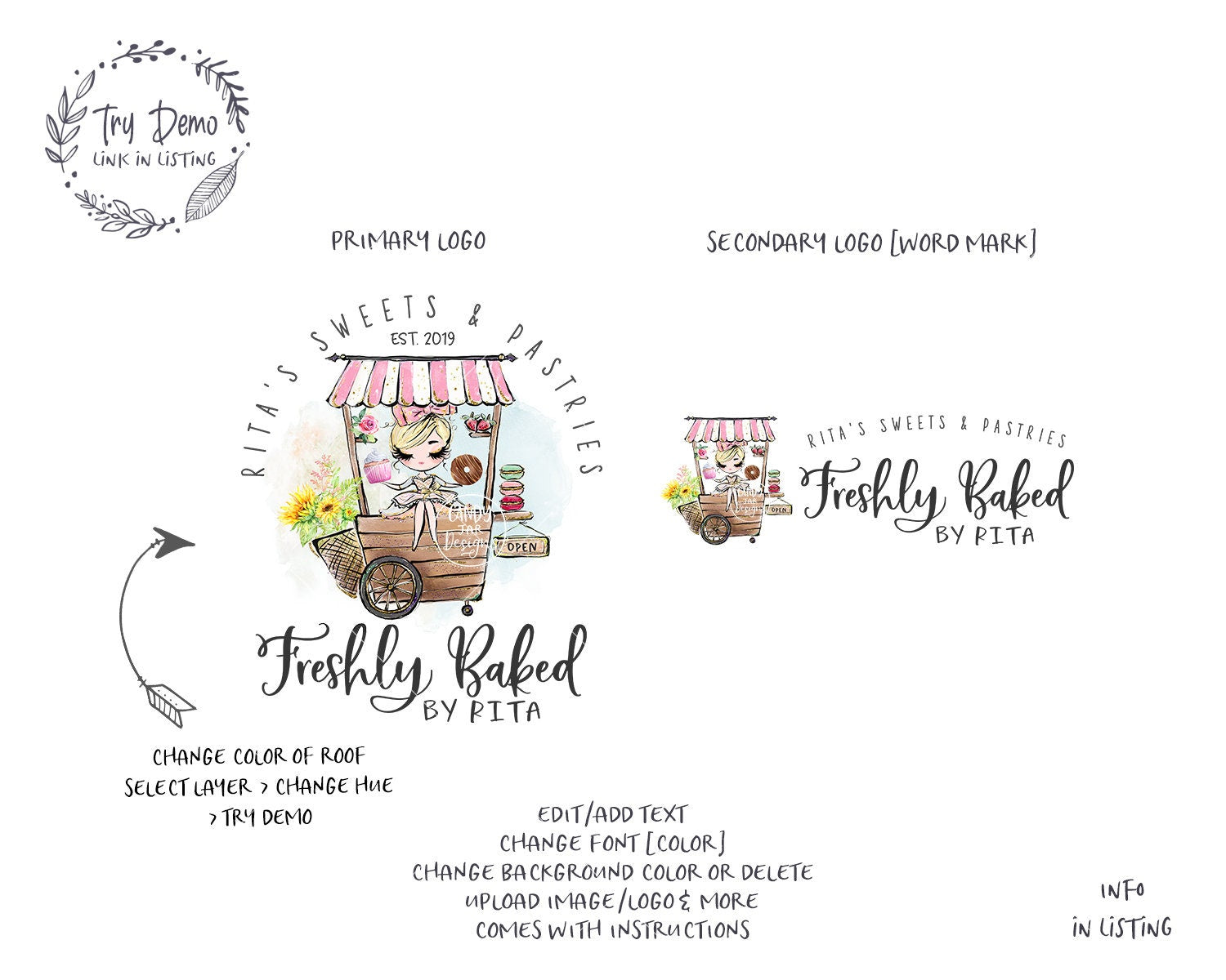 Food Cart Logo, Bakery Vending Cart, Blond Hair, Fair Skin - Candy Jar Studios