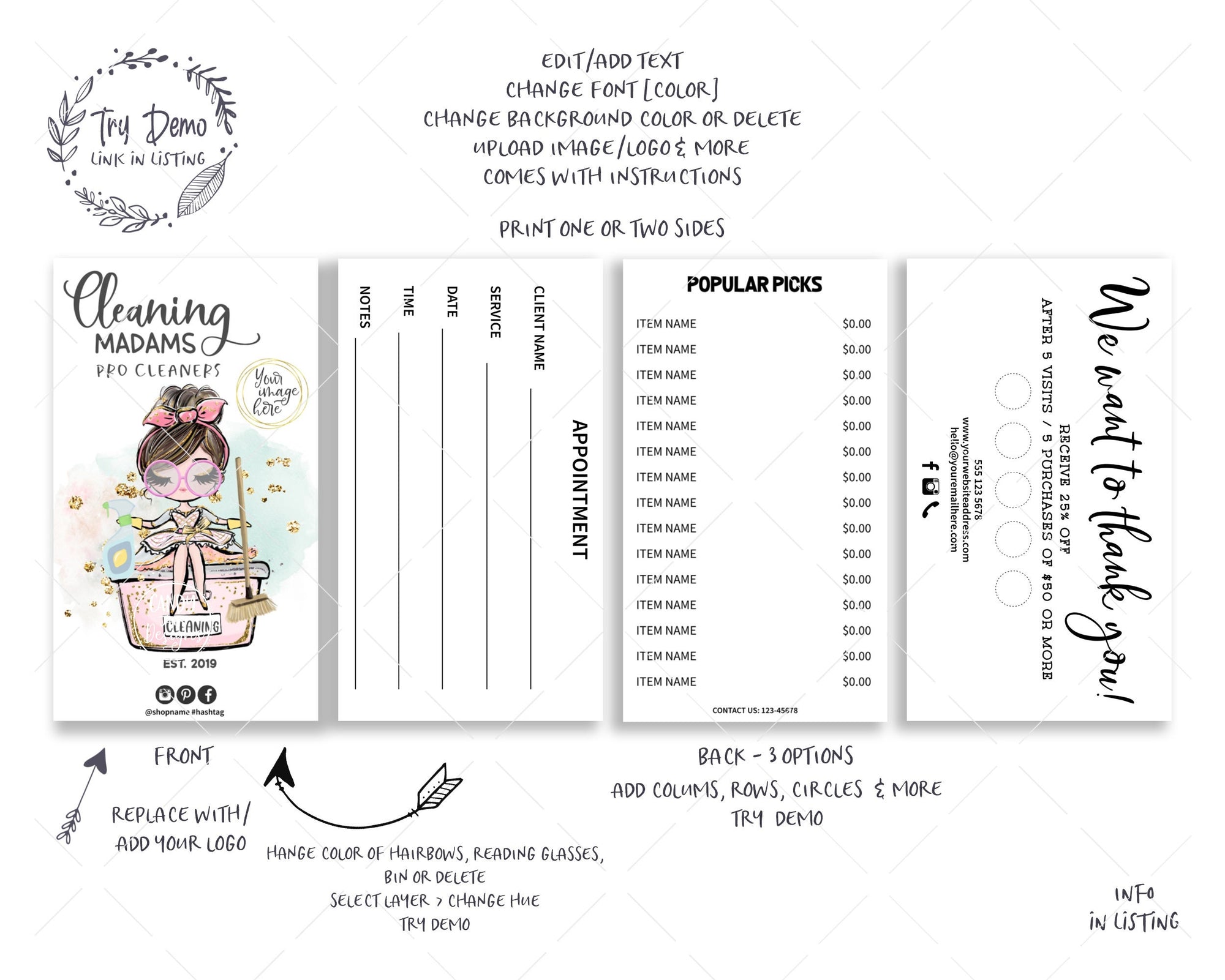 Cleaning Lady Business Card, Cleaning Business Mini Menu Card