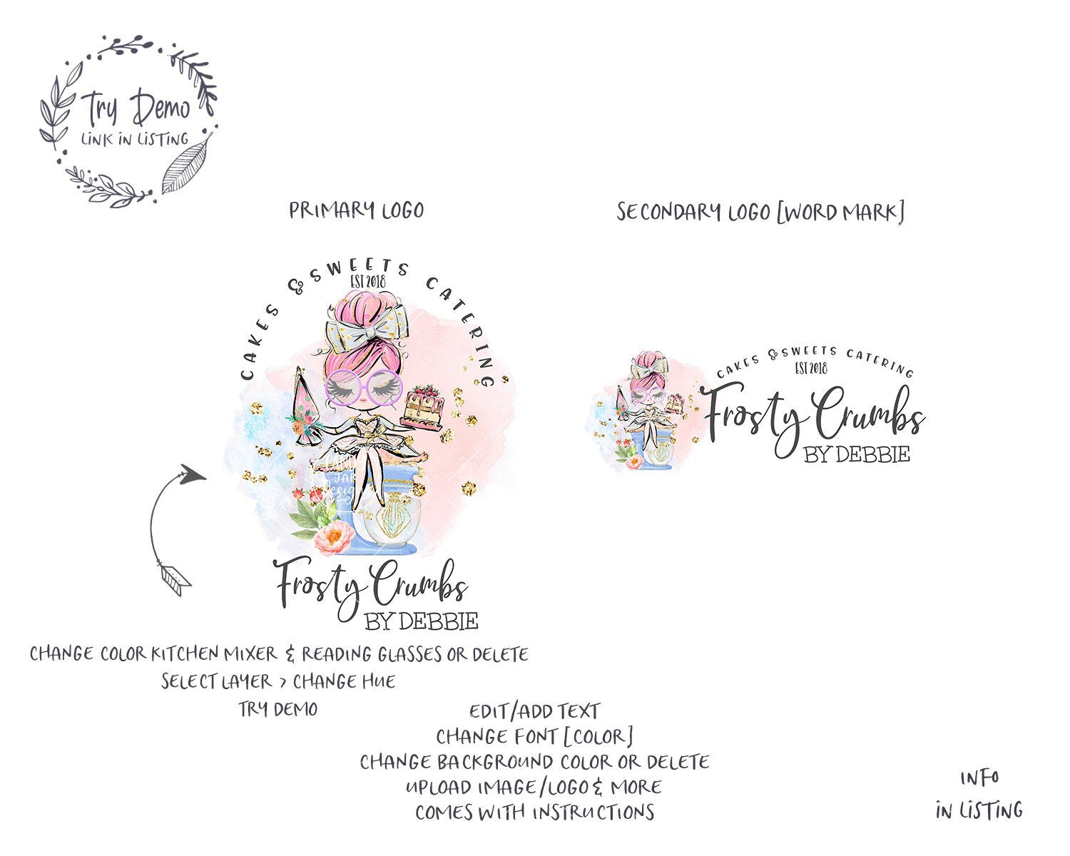 Bakery Logo, Pastry Chef, Pink Hair, Fair Skin - Candy Jar Studios