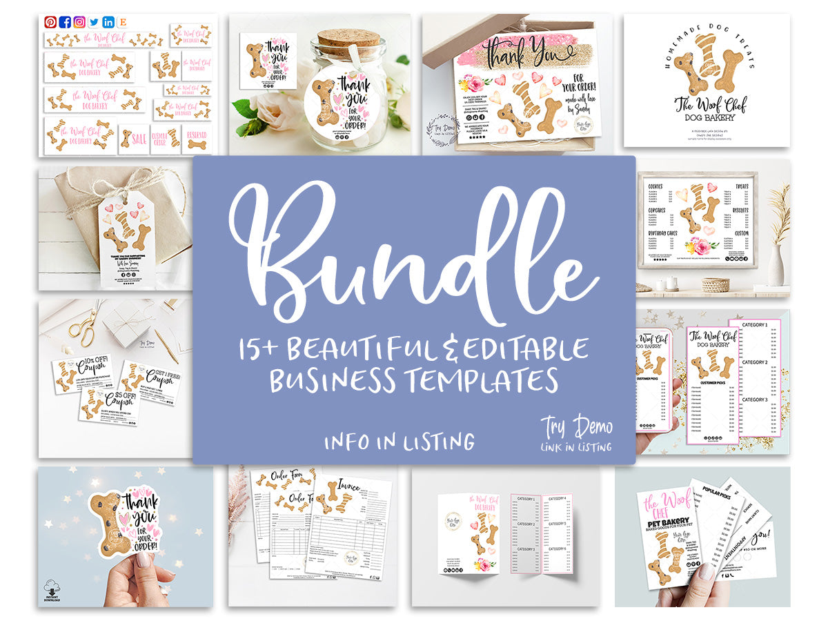 Dog Bakery Business Templates Bundle, Pet Cookie Shop, Editable