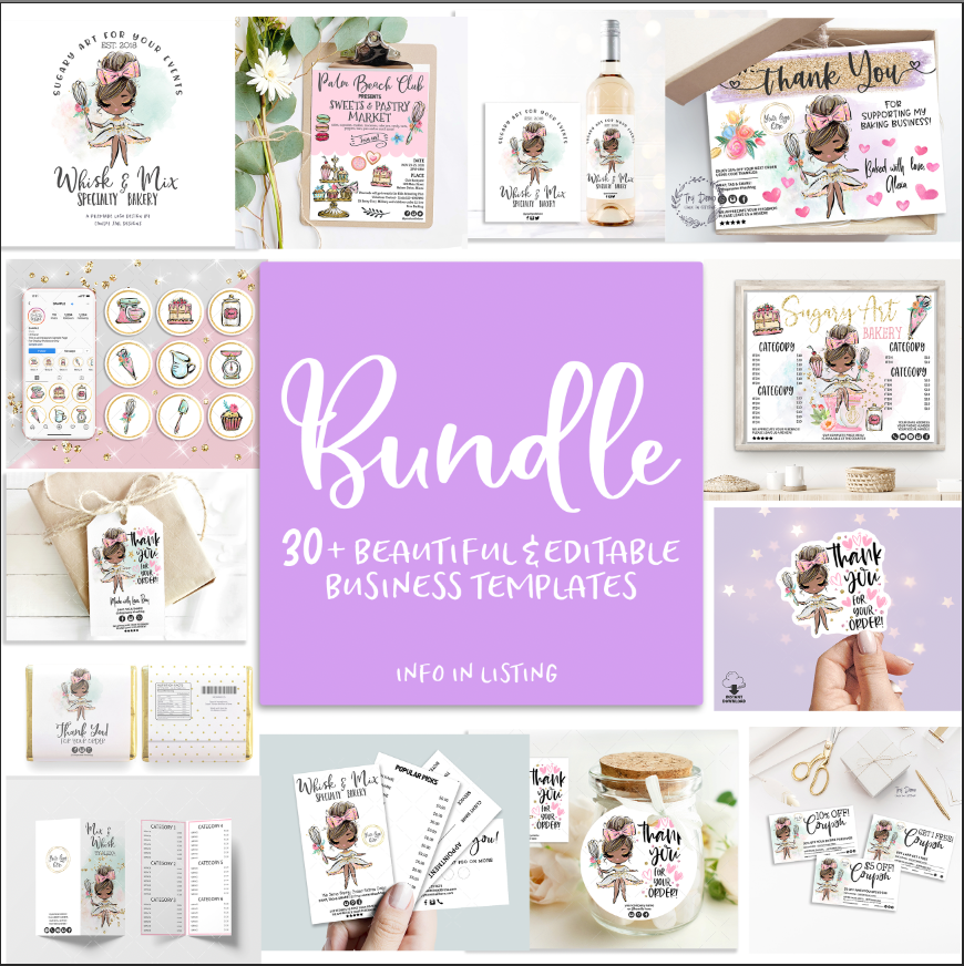 Bakery Shop Templates Bundle, Cute Bakery Girl, Brown Hair, Editable Printable, Girl CharacterCandyJarStudios