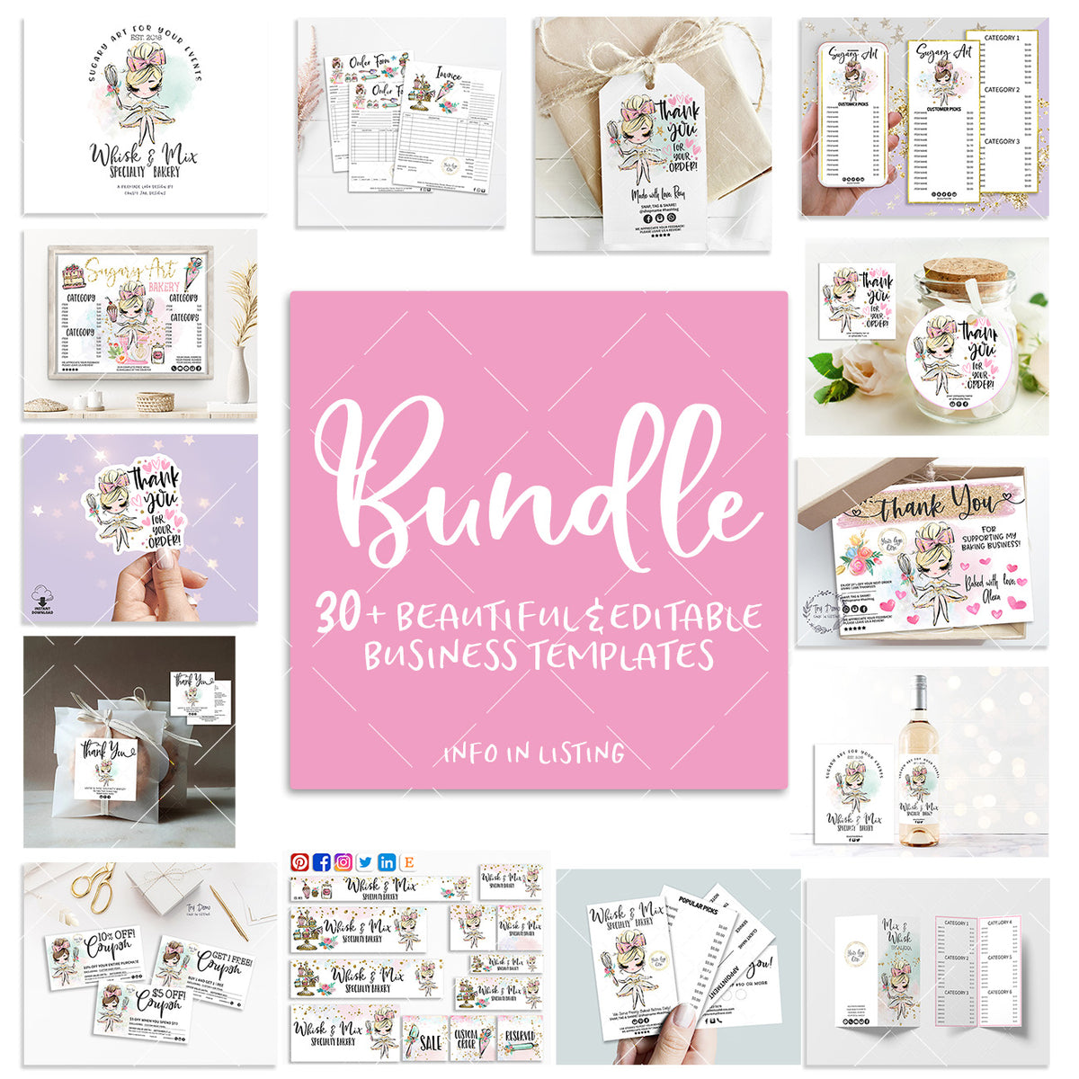 Bakery Shop Templates Bundle, Cute Bakery Girl, Blond, Editable Printable, Girl CharacterCandyJarStudios