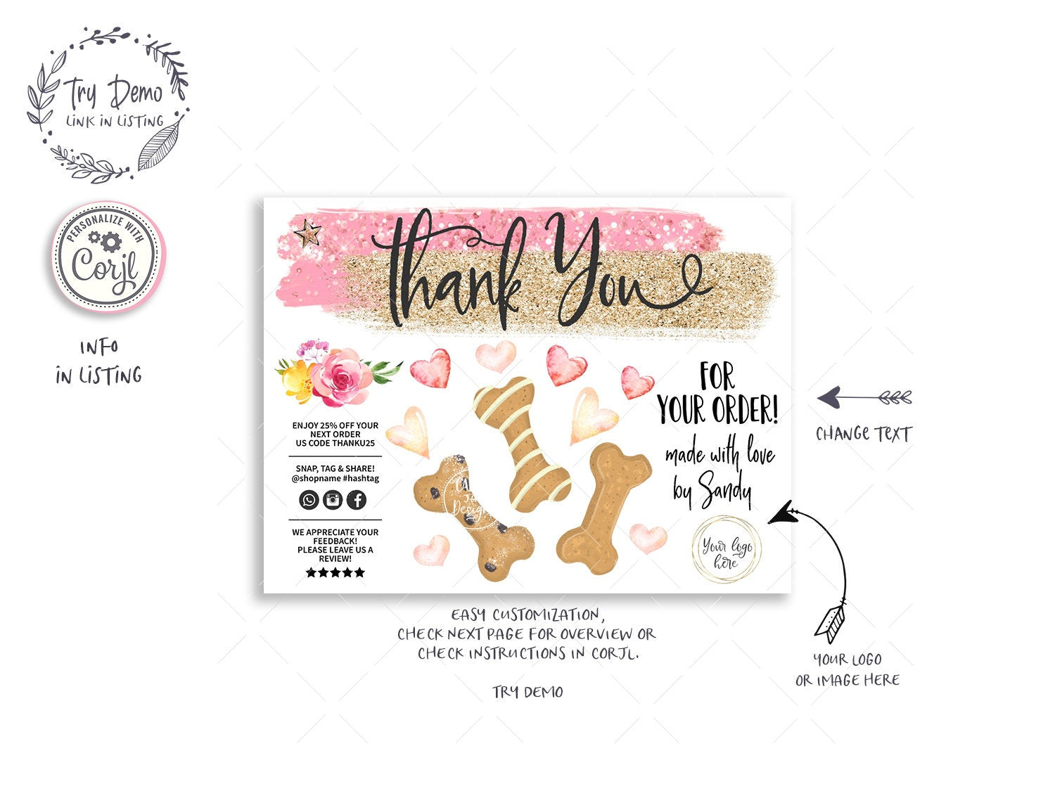 Dog Bakery Insert Card, Pet Cookie Thank You Card, Bones