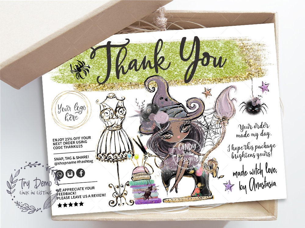 Halloween Sewing Business Thank You Card, Knitting Witch Insert