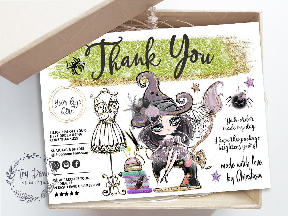 Halloween Sewing Business Thank You Card, Knitting Witch Insert