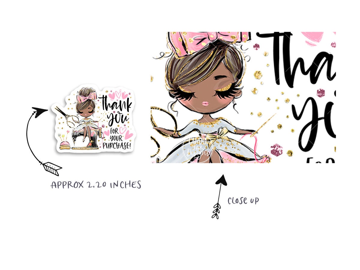 Sewing Thank You Sticker, Seamstress Girl, Brown Hair, Dark Skin - Candy Jar Studios