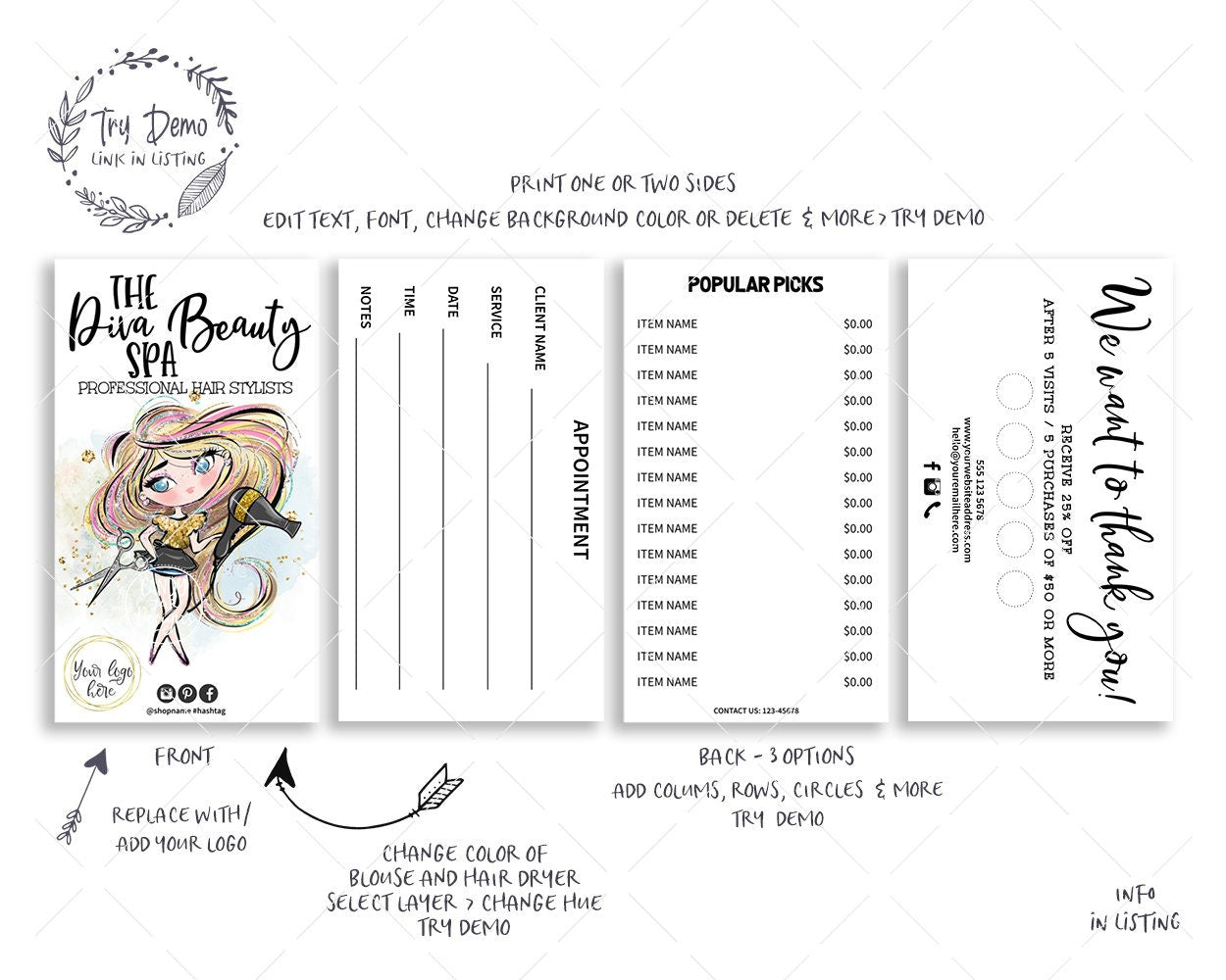 Hair Salon Diva Business Card Set, Blond Hair, Fair Skin - Candy Jar Studios