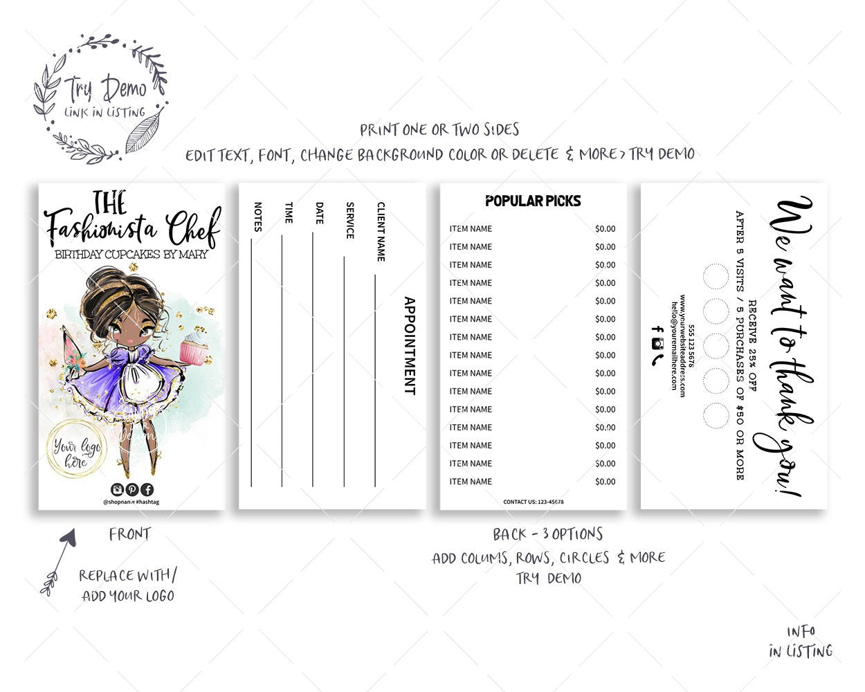 Bakery Girl Business Card Set, Cupcake, Brown Hair, Dark Skin - Candy Jar Studios
