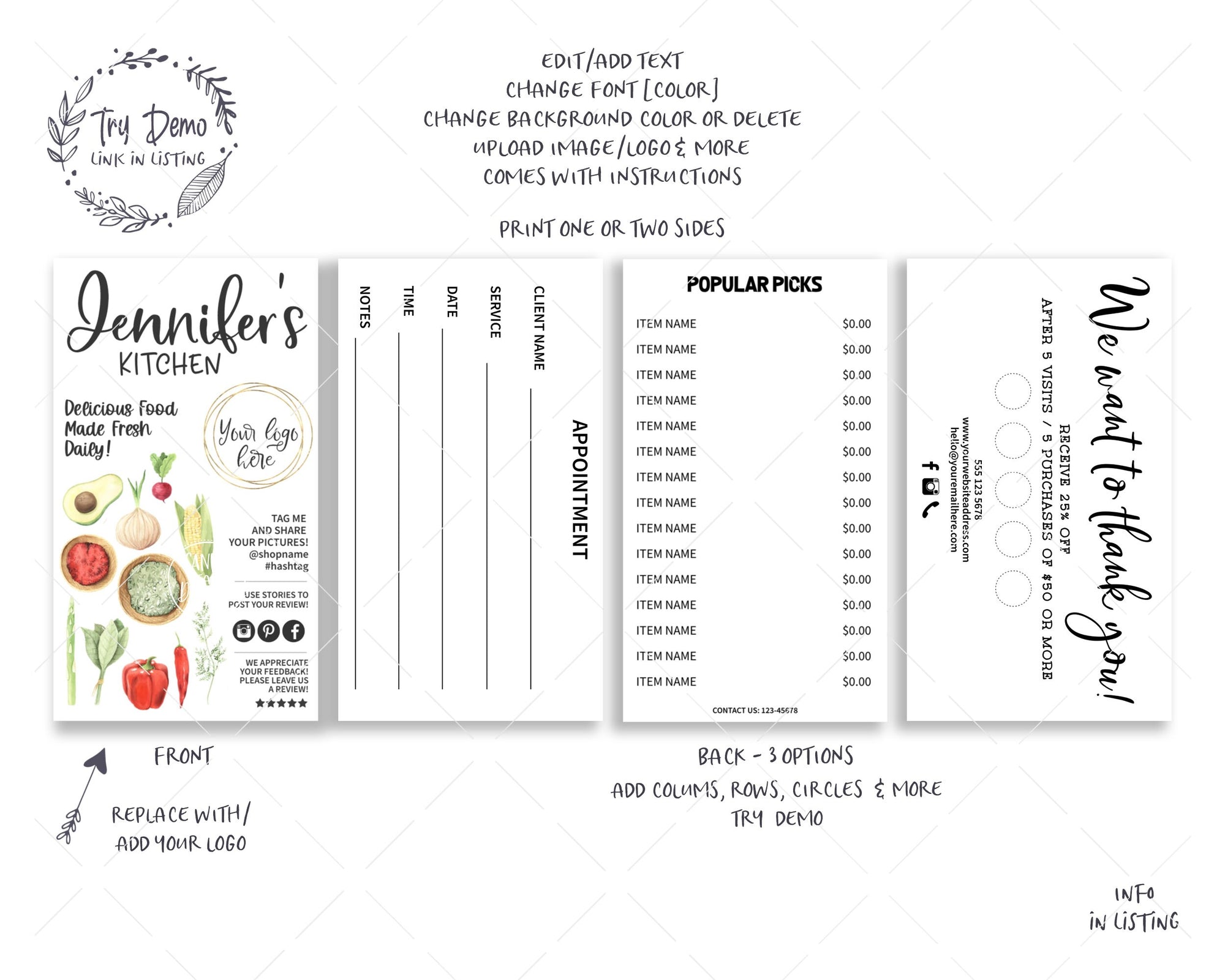 Cooking Business Card, Food Service Mini Menu Card