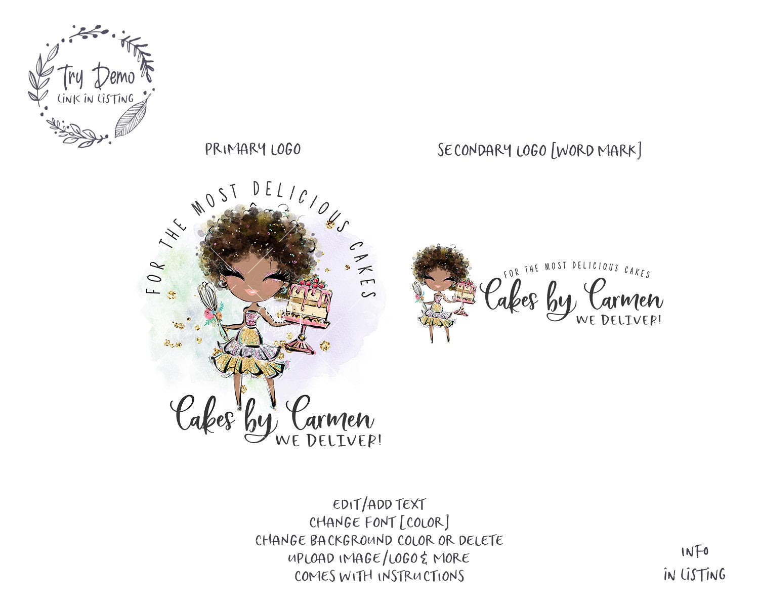 Cake Baking Logo, Curly Bakery Girl - Candy Jar Studios