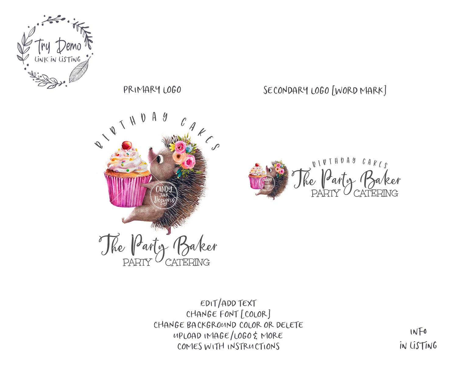 Party Baker Logo, Cupcake Bakery, Hedgehog - Candy Jar Studios