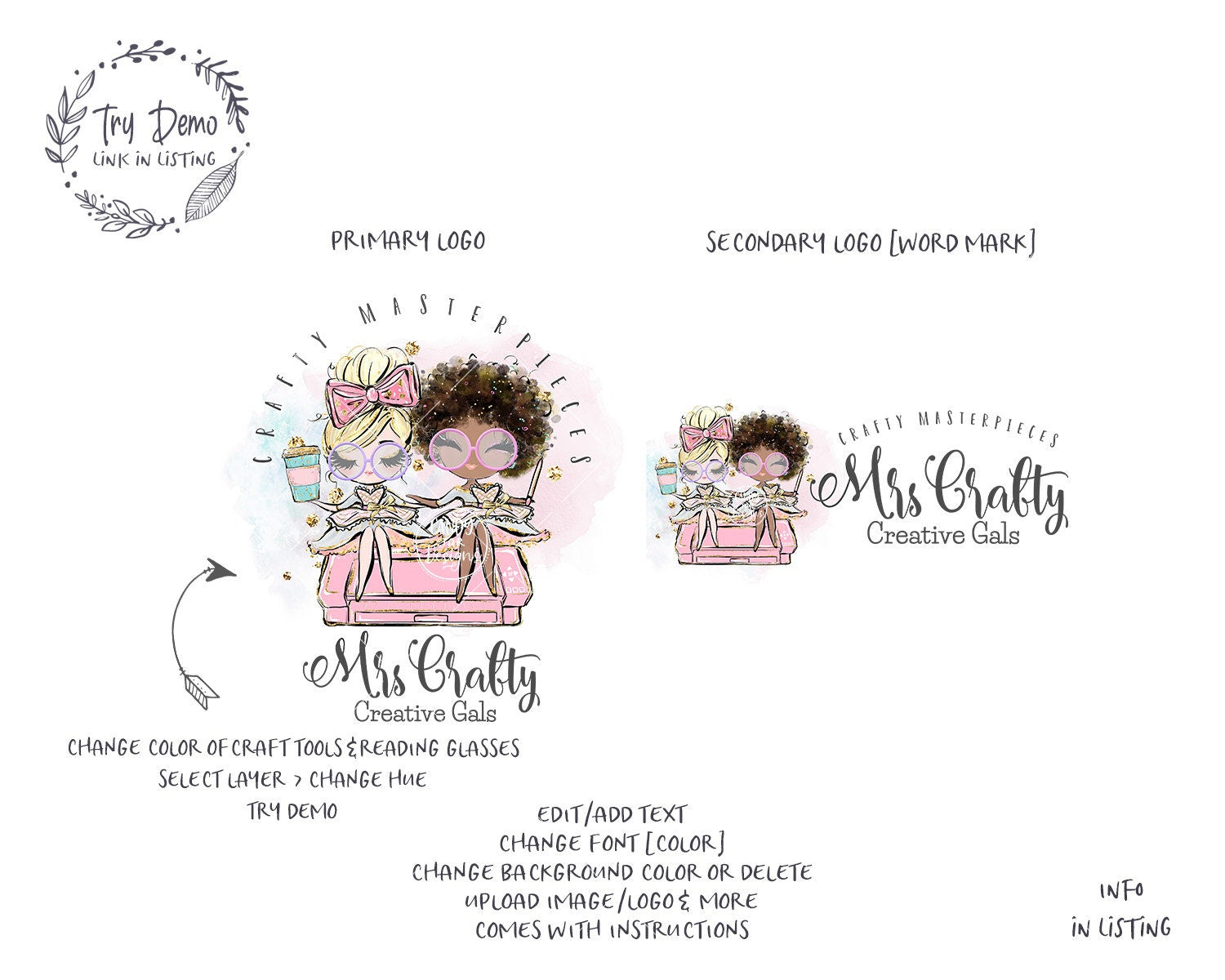 Handcrafter Logo, Craft Twin Girls Logo, Crafter Sisters, Editable Silhouette Logo, Friends, Blond, Brown, CJ009-24v4-fomw-LGO-FEA - Candy Jar Studios