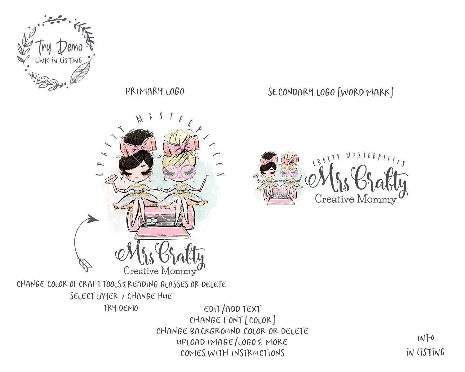 Handcrafter Logo, Craft Twin Girls Logo, Crafter Sisters, Editable Cricut Logo, Friends, Black, Blond, CJ009-23v9-fbfo-LGO-FEA - Candy Jar Studios