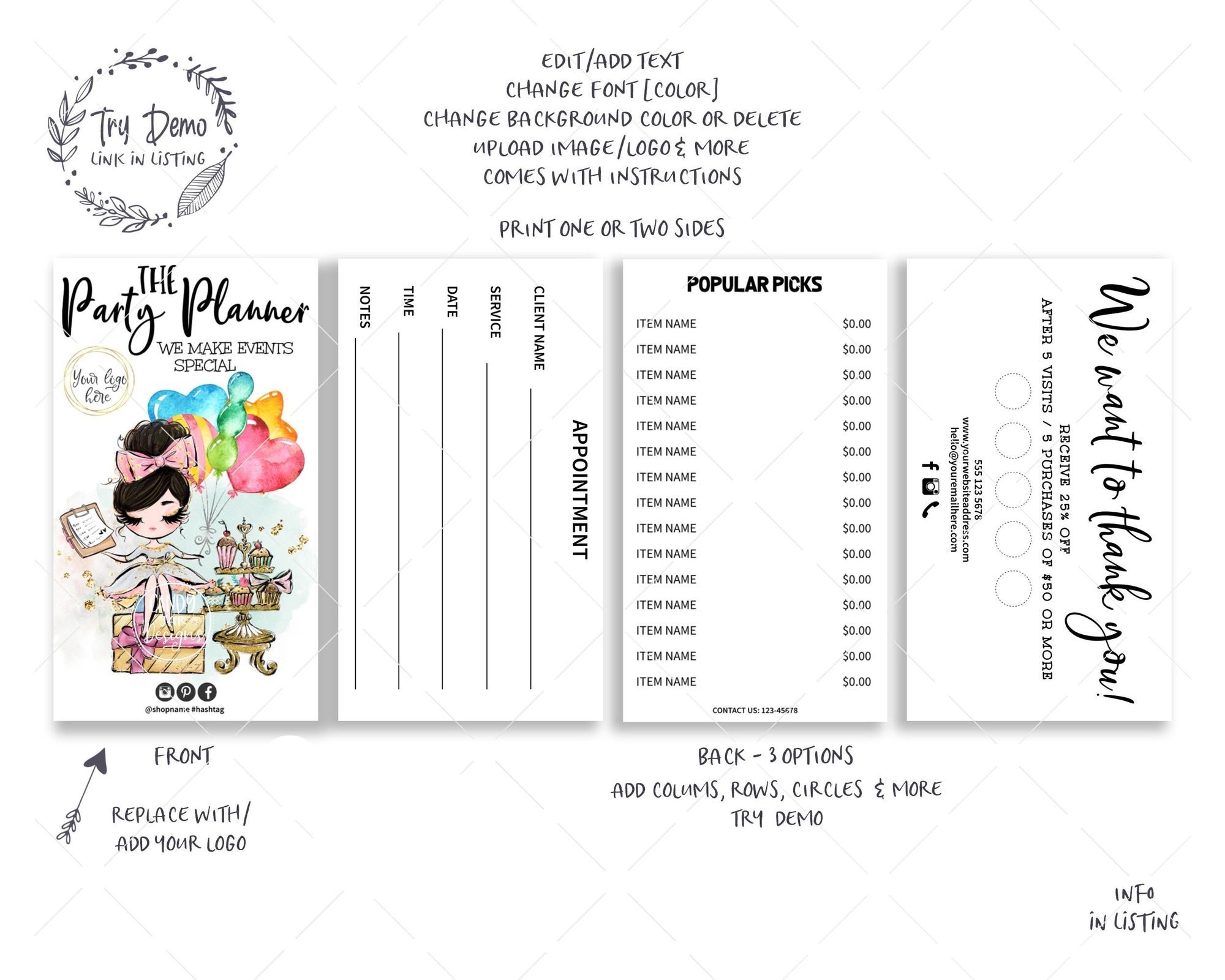 Party Planner Business Card Set - Candy Jar Studios